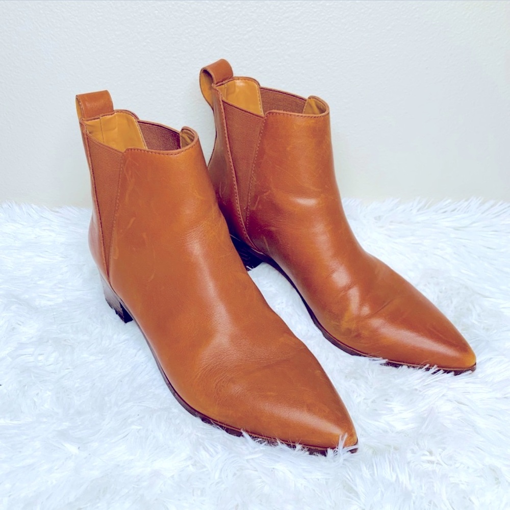 J Crew Fallon Pointed Toe Leather Ankle Booties in ‘Dark Wheat’